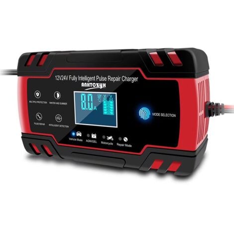 Chargeur de batterie de voiture, chargeur de batterie de voiture 8A 12V / 24V, chargeur de batterie de voiture entièrement automatique avec écran LCD Chargeur de batterie avec protection multiple ( 1)