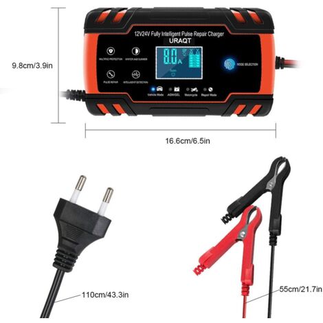 Chargeur de batterie de voiture, chargeur de batterie de voiture 8A 12V / 24V, chargeur de batterie de voiture entièrement automatique avec écran LCD Chargeur de batterie avec protection multiple ( 1)