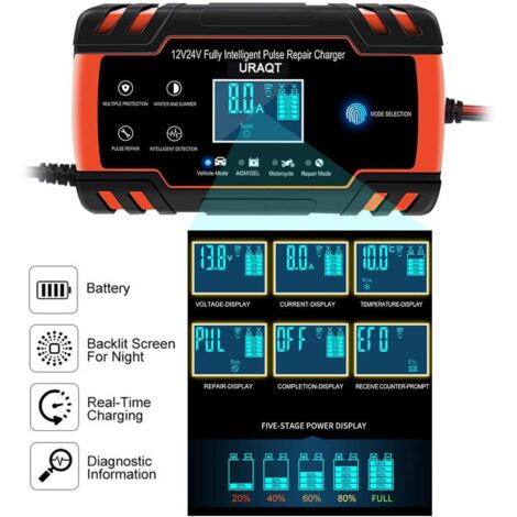 Chargeur de batterie de voiture, chargeur de batterie de voiture 8A 12V / 24V, chargeur de batterie de voiture entièrement automatique avec écran LCD Chargeur de batterie avec protection multiple ( 1)