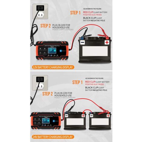 Chargeur de batterie de voiture, chargeur de batterie de voiture 8A 12V / 24V, chargeur de batterie de voiture entièrement automatique avec écran LCD Chargeur de batterie avec protection multiple ( 1)
