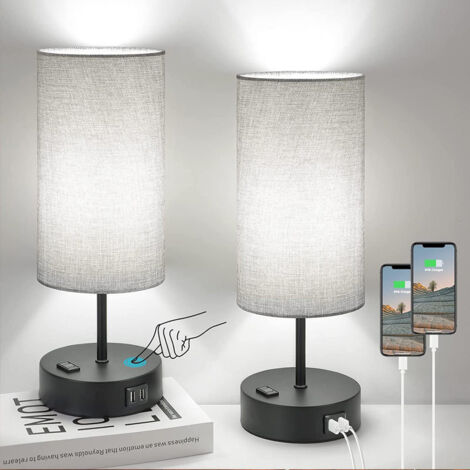 Lampe de chevet grise pour table de nuit de chambre à coucher - Petite lampe de table avec port de charge USB A + C