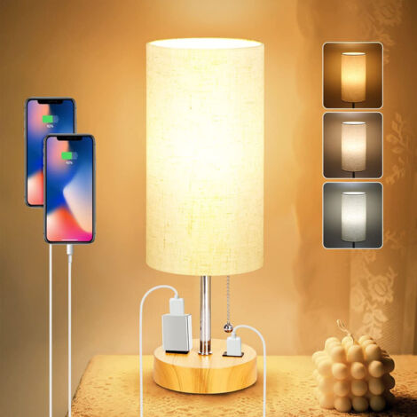 Lampe de chevet grise pour table de nuit de chambre à coucher - Petite lampe de table avec port de charge USB A + C