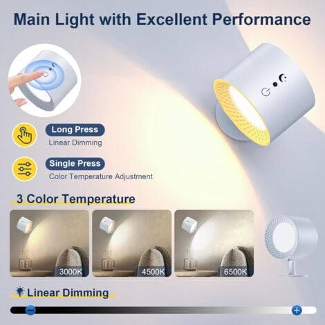 Lampe murale à LED double face avec télécommande, appliques à batterie, contrôle tactile, 3 températures, USB, rechargeables, spots muraux, rotation, à 360°, pour salon (1 pièce noir) [Classe énergéti