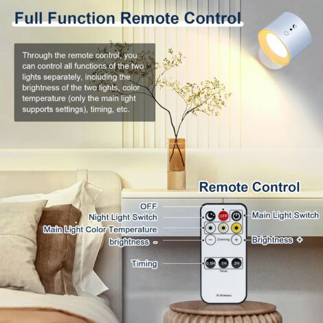 Lampe murale à LED double face avec télécommande, appliques à batterie, contrôle tactile, 3 températures, USB, rechargeables, spots muraux, rotation, à 360°, pour salon (1 pièce noir) [Classe énergéti