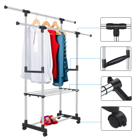 2 Kleiderstangen Wschestnder auf Rollen, Ausziehbar von 75 bis 151 cm, Hhenverstellbar (1/5)