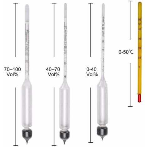 Lot de 3 testeurs d'alcool avec thermomètre, testeur d'alcool, teneur en alcool 0-40, 40-70, 70-100 Vol%, hydromètre pour spiritueux, distillats, whisky, brandy, vodka