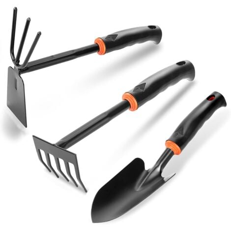 Set 3 Outils Jardinage Main - Pelle, Binette, Râteau - Acier Carbone - Poignée Anti-dérapante