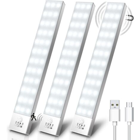 Lampe de Placard Lot de 3, 5000K USB Sans Fil LED Lampe de Placard Détecteur de Mouvement Rechargeable Lamp Led Aimant Intégré Veilleuse pour Armoire Placard Escalier Cuisine Couloir-23cm (1/5)