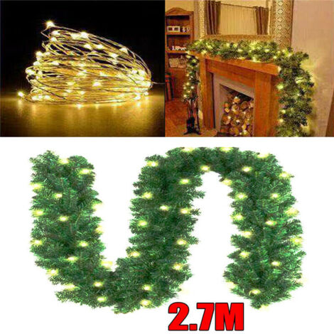 Guirlande de sapin de Noël artificiel de 2,7 m avec 30 LED et lumières blanc chaud pour porte, fenêtre et balustrade