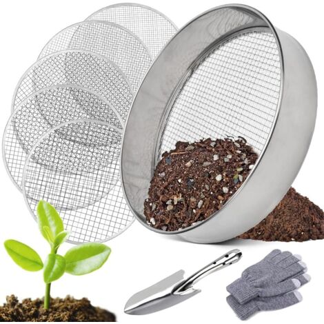 Tamis de jardin rond 5 en 1 en acier inoxydable de 30 cm, avec 5 tamis interchangeables de Ø 3, 6, 9, 10 et 12 mm, tamis de jardin rond, tamis à compost pour terre, compost et graines (1/5)
