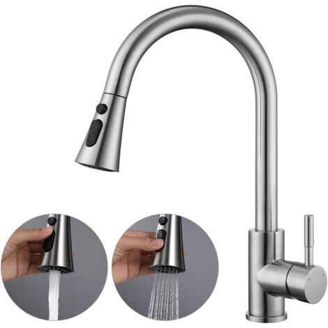 Robinet de cuisine extractible avec douchette, robinet de cuisine haute pression avec 2 vitesses d'eau, robinet d'évier pivotant à 360°, mitigeur de cuisine (argent) (1/5)