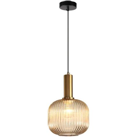 Lustre moderne, douille de lampe suspendue dorée avec abat-jour en verre ambré, lampe suspendue LED (1/5)