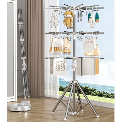 Séchoir à linge pliable, séchoir à linge en métal avec pinces coupe-vent pour intérieur et extérieur, cintre de séchage pour couches et serviettes de bébé avec 3 niveaux de supports robustes pour balc (1/4)