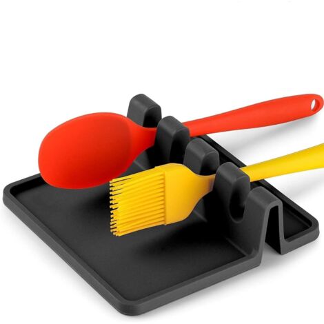 Repose-ustensiles de cuisine en silicone avec coussinet anti-gouttes, sans BPA, résistant à la chaleur, pour plusieurs ustensiles et support pour cuillères de cuisson, noir (1/5)