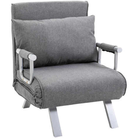Fauteuil chauffeuse canapé-lit Convertible 1 Place déhoussable Grand Confort Coussin Pieds accoudoirs métal Lin Gris Clair