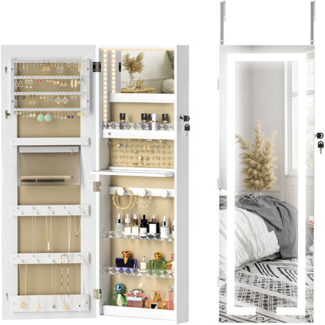 Armoire à bijoux avec LED, organisateur de bijoux mural/de porte verrouillable avec miroir, 37 x 10,5 x 108 cm, blanc
