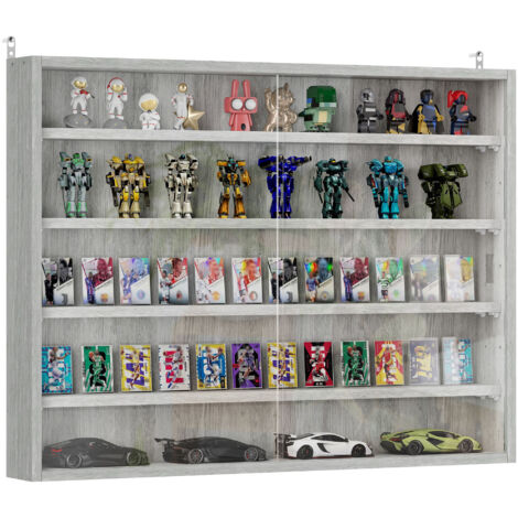 Vitrine murale pour objets de collection 5 étagère réglables en hauteur et 2 portes coulissantes 80 x 9,5 x 60 cm gris