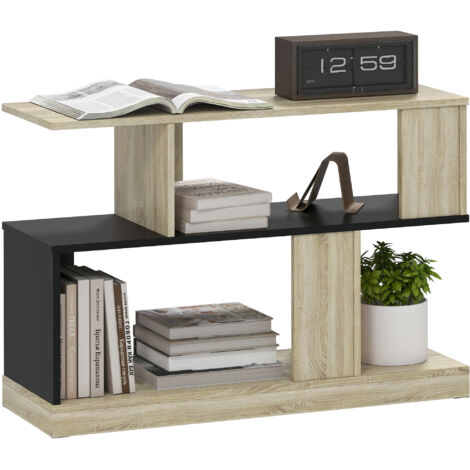 Table d'appoint en forme S, bout de canapé à 3 niveaux étagères de rangement, 90 x 30 x 61 cm, effet bois naturel noir