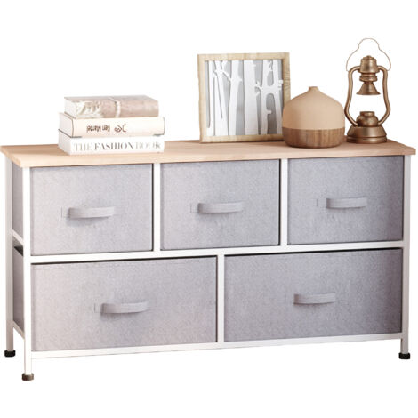 Commode meuble de rangement 100 x 30 x 54 cm 5 tiroirs non-tissés gris structure acier blanc bois clair