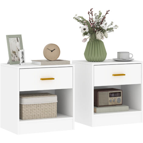 Lot de 2 tables de chevet, table de nuit avec 2 tiroirs et étagères ouvertes, style moderne, 39 x 28 x 41 cm, blanc
