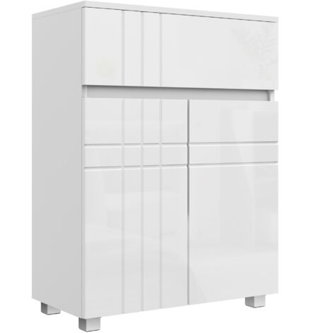 Meuble de rangement pour salle de bain sur pied placard 2 portes 1 tiroir, étagère régable, blanc laqué (1/5)