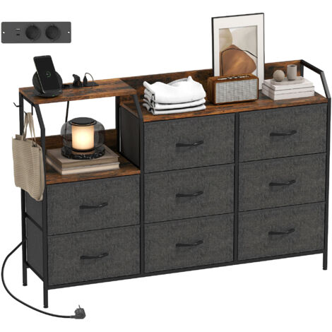 Commode, meuble de rangement avec station de recharge, 8 tiroirs en tissu, étagère ouverte, 130,5x30x88cm, marron