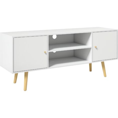 Meuble TV style scandinave 2 portes 2 niches passe-fils piètement bois pin panneaux blanc - 120 x 34 x 50 cm blanc (1/5)