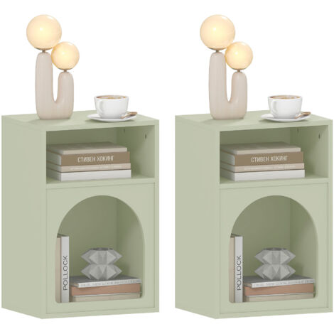 Lot de 2 tables de chevet, table de nuit avec compartiments ouverts, design arqué, 40 x 30 x 60 cm, vert clair
