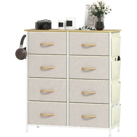 Commode de chambre à coucher avec 8 tiroirs en tissu, montants en acier, plateau en bois, 4 poches de rangement, 2 crochets, beige (1/5)