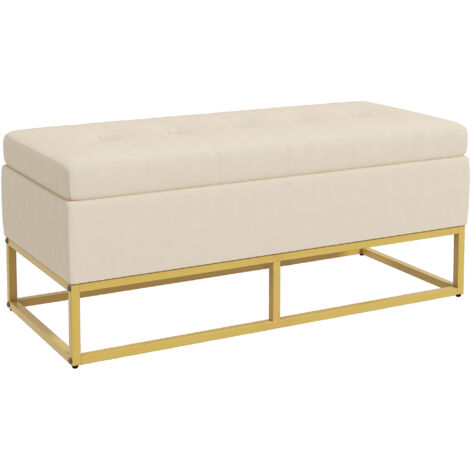 Banc de rangement, capitonnage décoratif, aspect flanelle, pieds en acier doré, 110 x 47 x 46,5 cm (1/5)