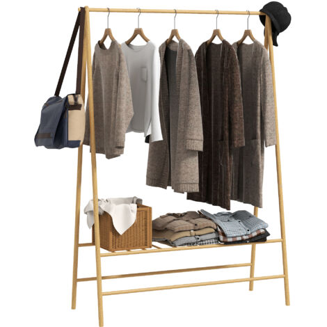 Portant à vêtements en bambou avec étagère à chaussures et crochets, autoportant, pour entrée, chambre, bois naturel