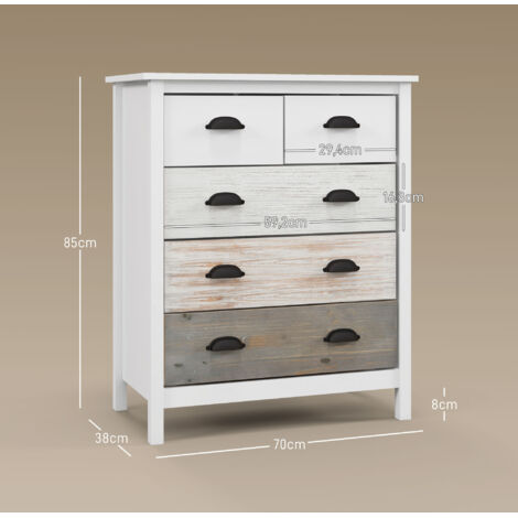 Buffet commode 5 tiroirs en MDF et pin blanc laqué de 70 cm de large ...