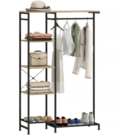 Porte-manteau, portant à vêtements avec tringle, étagère à chaussures, meuble de rangement avec dispositif anti-basculement, chêne