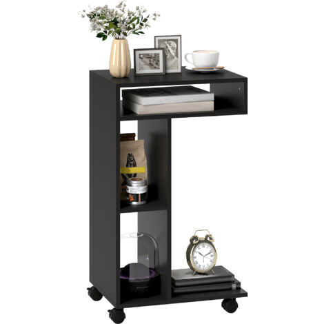 Table d'appoint en forme de C, table de chevet à 4 étagères, roulettes, table basse, table de salon, table pour ordinateur portable pour salon/chambre, 40 x 30 x 69 cm, noire (1/5)
