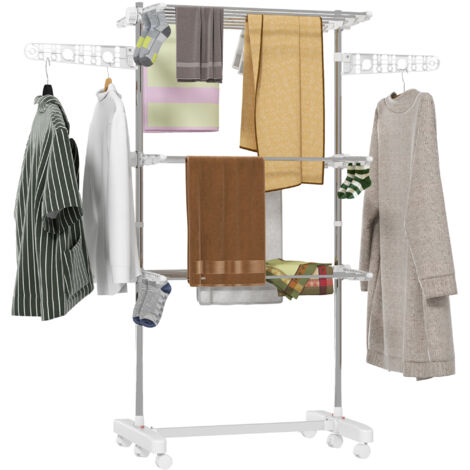 Étendoir à linge mobile, 3 niveaux, pliable, argent et blanc (1/5)