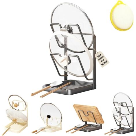 Support de rangement pour couvercles de casseroles, organisateur multifonction en acier inoxydable pour casseroles et poêles avec égouttoir amovible, porte-spatules à deux compartiments.