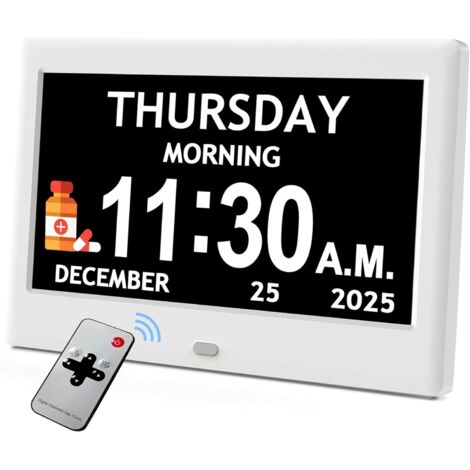 Horloge-calendrier numérique, 12 options d'alarme avec atténuation automatique, 7 pouces affichage extra-large du jour et du mois en toutes lettres (1/5)