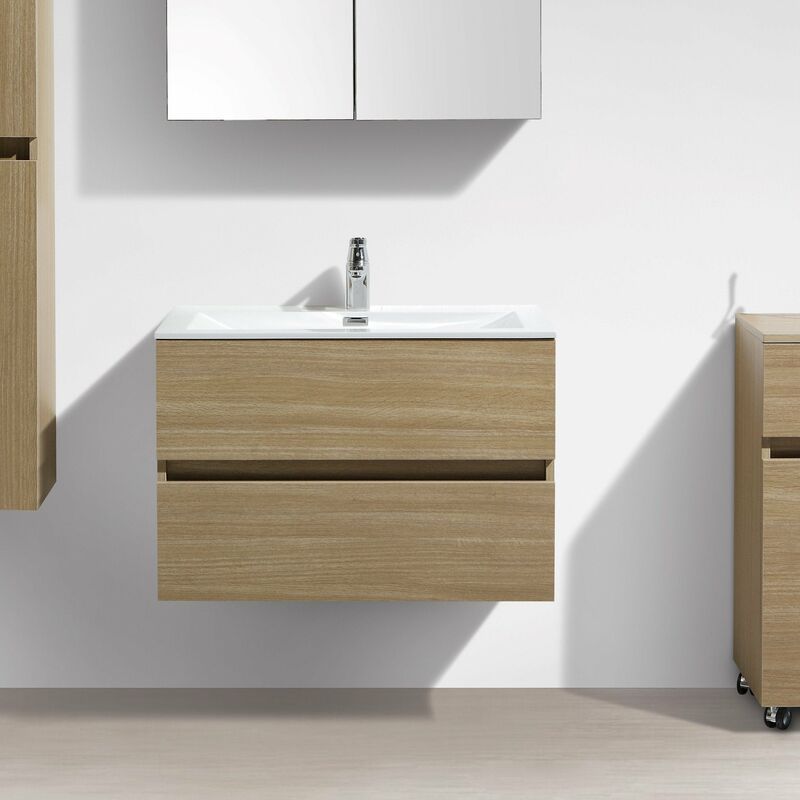 Siena Mobile bagno 80x47 cm due cassetti con colonna ad anta push&pull e  lavabo integrato noce tortora opaco