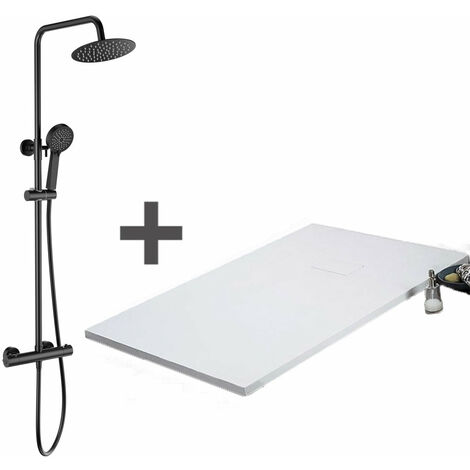 Kit Piatto doccia ultrasottile 70 x 100 cm PIATTO Bianco + Colonna doccia termostatica Finitura nera opaca (1/4)