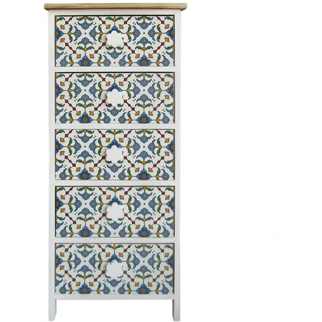 Rebecca Mobili Kommode mit 5 Schubladen Modernes Holz Weiß Blau 93x40x30