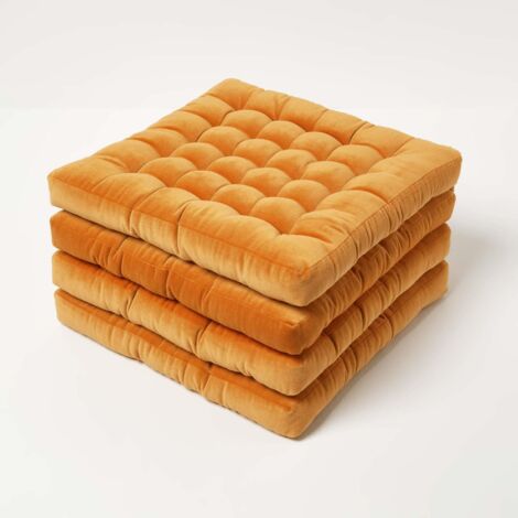 HOMESCAPES 4er-Set Samt-Stuhlkissen 40x40 cm - Baumwollsamt orange