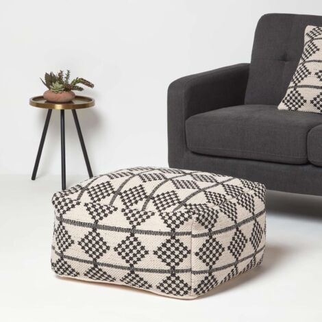 Homescapes Jute Sitzpouf Quadratisch 60x30 Cm – Ethno Style, Schwarz-Natur
