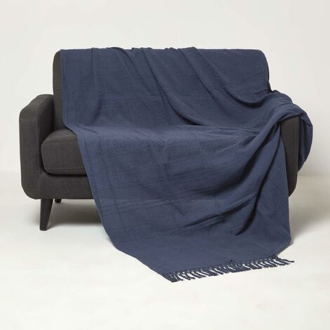 HOMESCAPES Kashi Tagesdecke blau 225 x 255 cm – Baumwolldecke mit Fransen