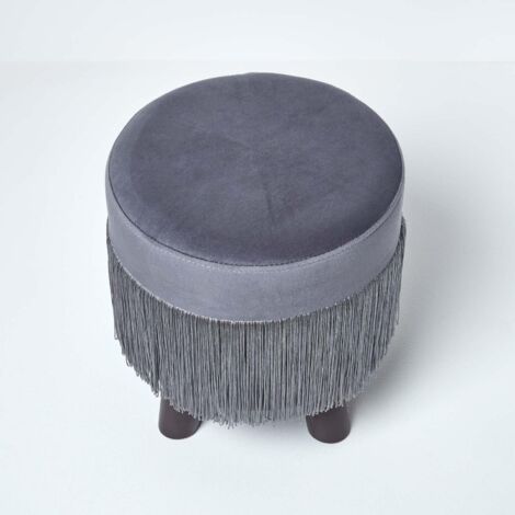 Homescapes Warwick Samt-Fußhocker – Runder Hocker Mit Fransen & Holzbeinen, Silbergrau, 35 Cm Hoch