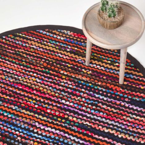 HOMESCAPES Runder Flickenteppich Folk 150 cm – handgewebter Chindi-Teppich bunt gestreift