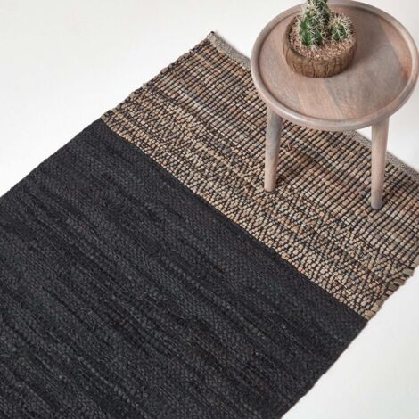 HOMESCAPES Lederteppich 90x150 cm – schwarz gemustert, aus Recycling-Leder