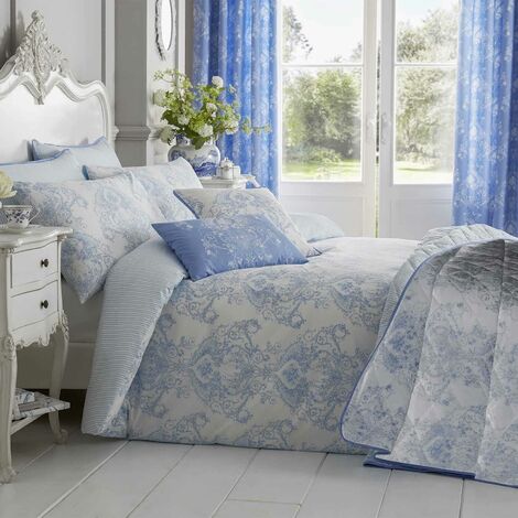 HOMESCAPES Bettbezug-Set mit Toile-De-Jouy-Muster, 260 x 220 cm, blau