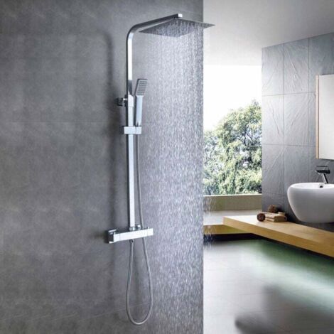 Aica Sanitaire – Colonne de douche thermostatique – Corps en laiton massif – Pomme de douche extra large 20x20 cm – Réglable 800 à 1200 mm – Anti-brûlure