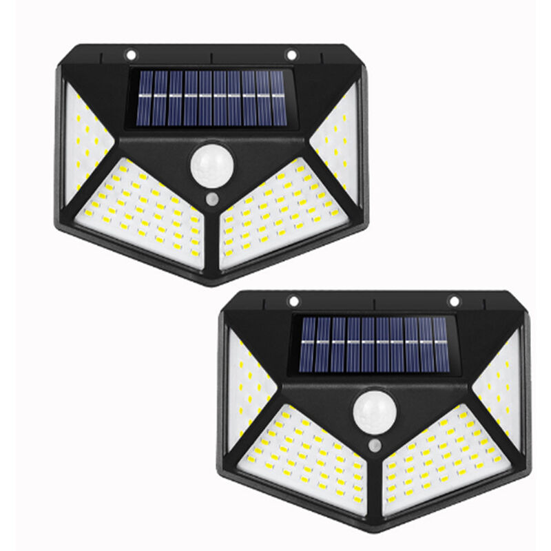 Luz solar para exteriores, 100 luces LED solares para exteriores, impermeable, iluminación exterior con sensor de movimiento, luz de seguridad, luz solar para exteriores, lámpara de pared inalámbrica para jardín, paquete de 2