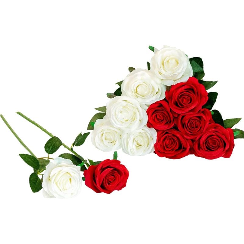 12 piezas de rosas artificiales, ramo de flores, flores de seda falsas, decoración del banquete de boda para el hogar (blanco, rojo)